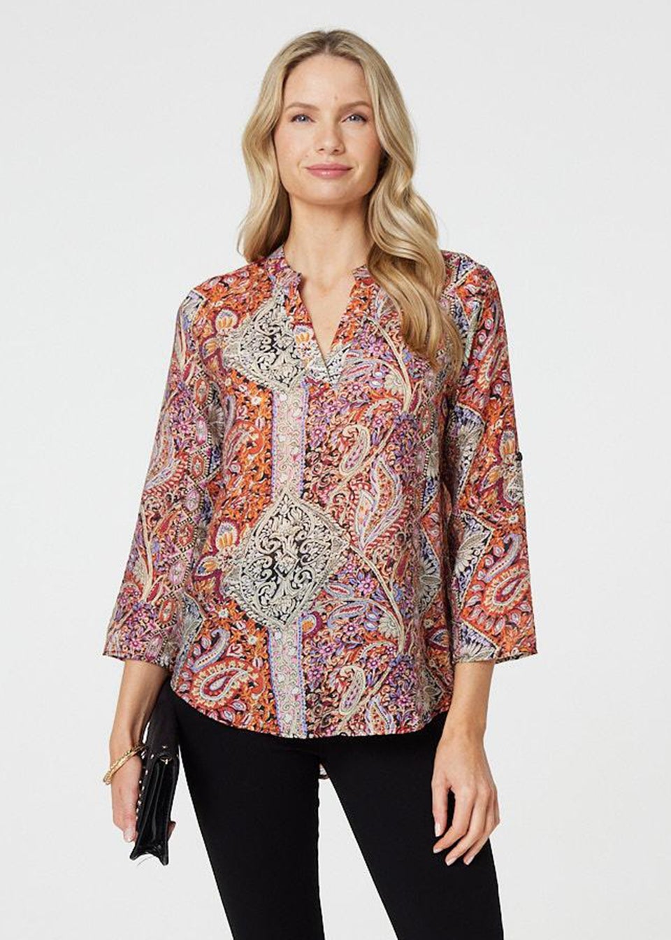 Izabel London Pink Paisley 3/4 Sleeve V-Neck Blouse