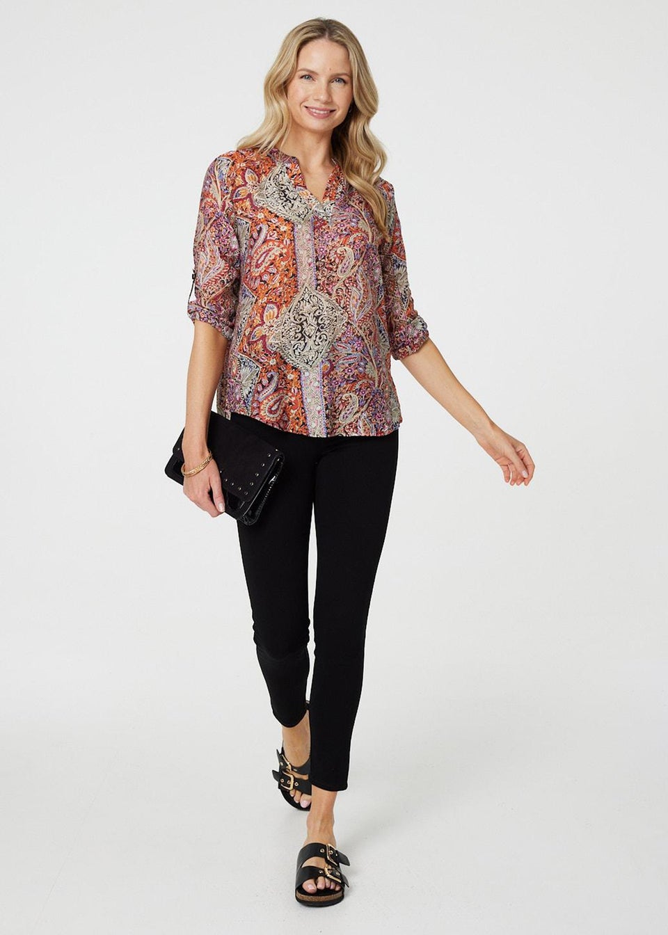 Izabel London Pink Paisley 3/4 Sleeve V-Neck Blouse