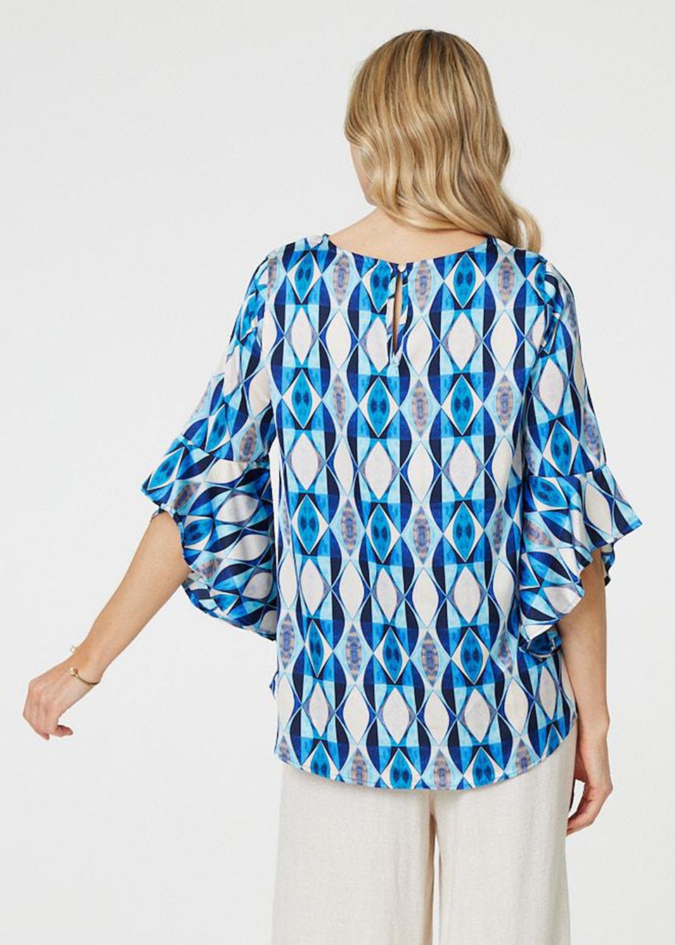 Izabel London Blue Geo Print 3/4 Flute Sleeve Curve Hem Blouse