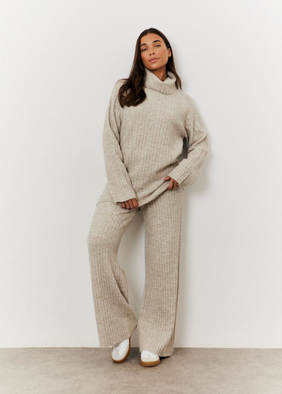 In The Style Oatmeal Wide Rib Roll Neck Knit Jumper