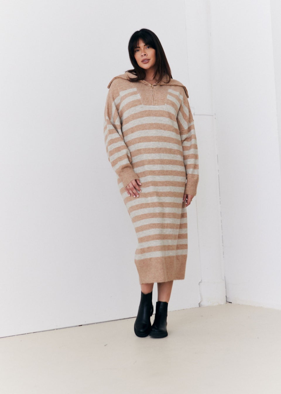 In The Style Stacey Solomon Camel Stripe Half Zip Midaxi Knitted Dress