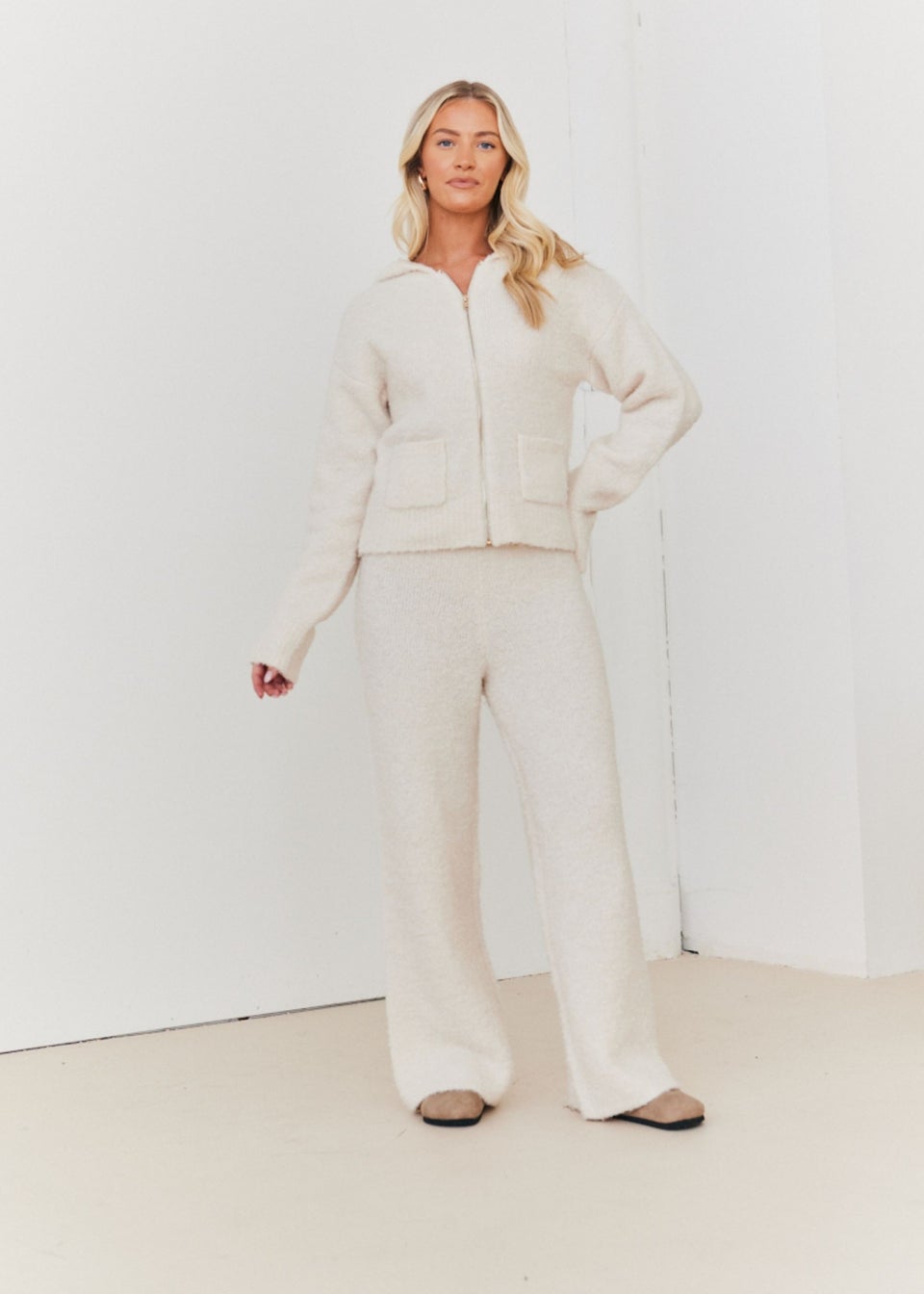 In The Style Stacey Solomon Cream Fluffy Knit Zip Up Hoodie