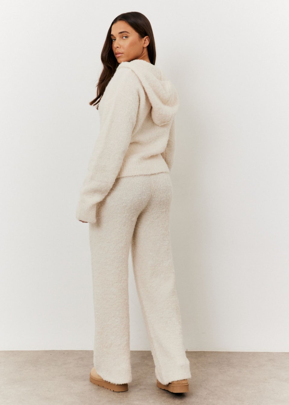 In The Style Cream Fluffy Knit Wide Leg Trousers