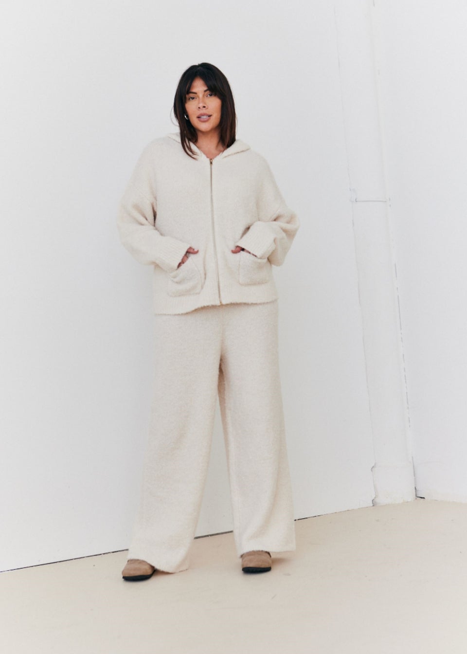 In The Style Cream Fluffy Knit Wide Leg Trousers