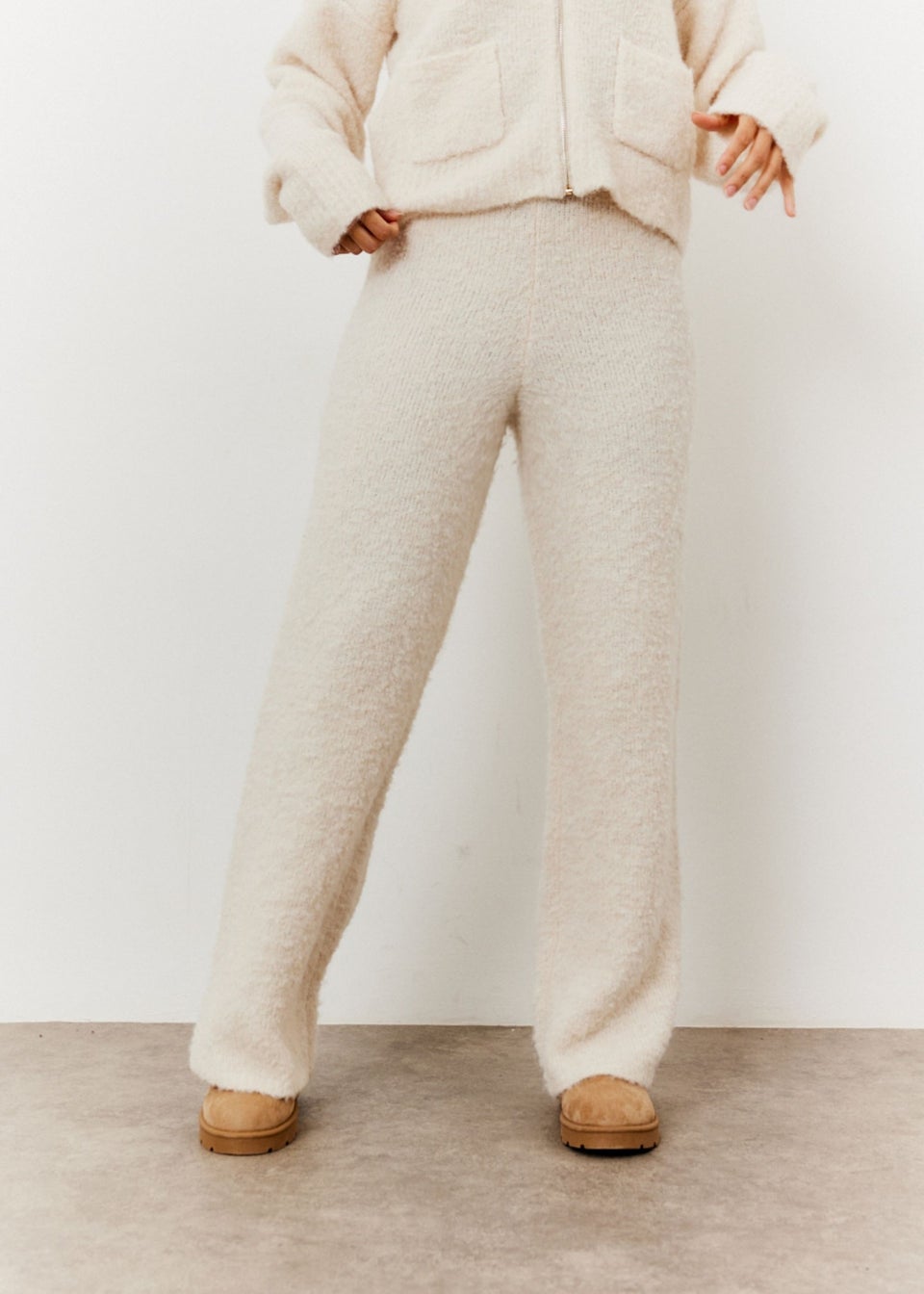 In The Style Cream Fluffy Knit Wide Leg Trousers