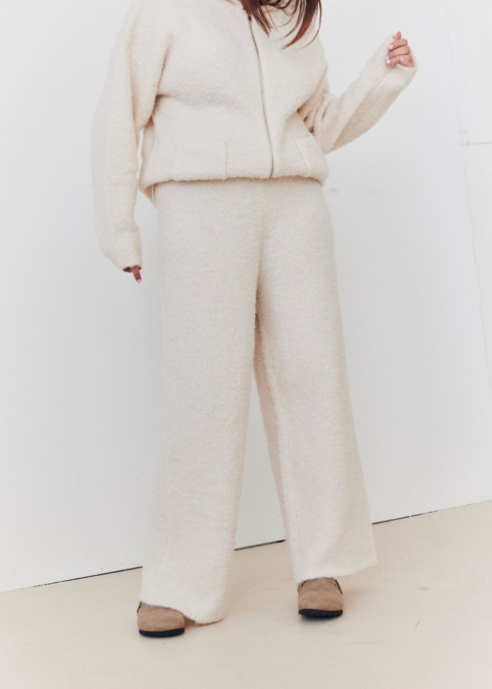 In The Style Cream Fluffy Knit Wide Leg Trousers