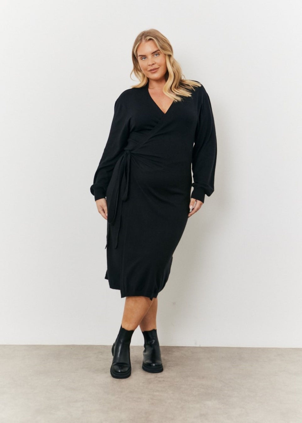 Black knit wrap dress sales
