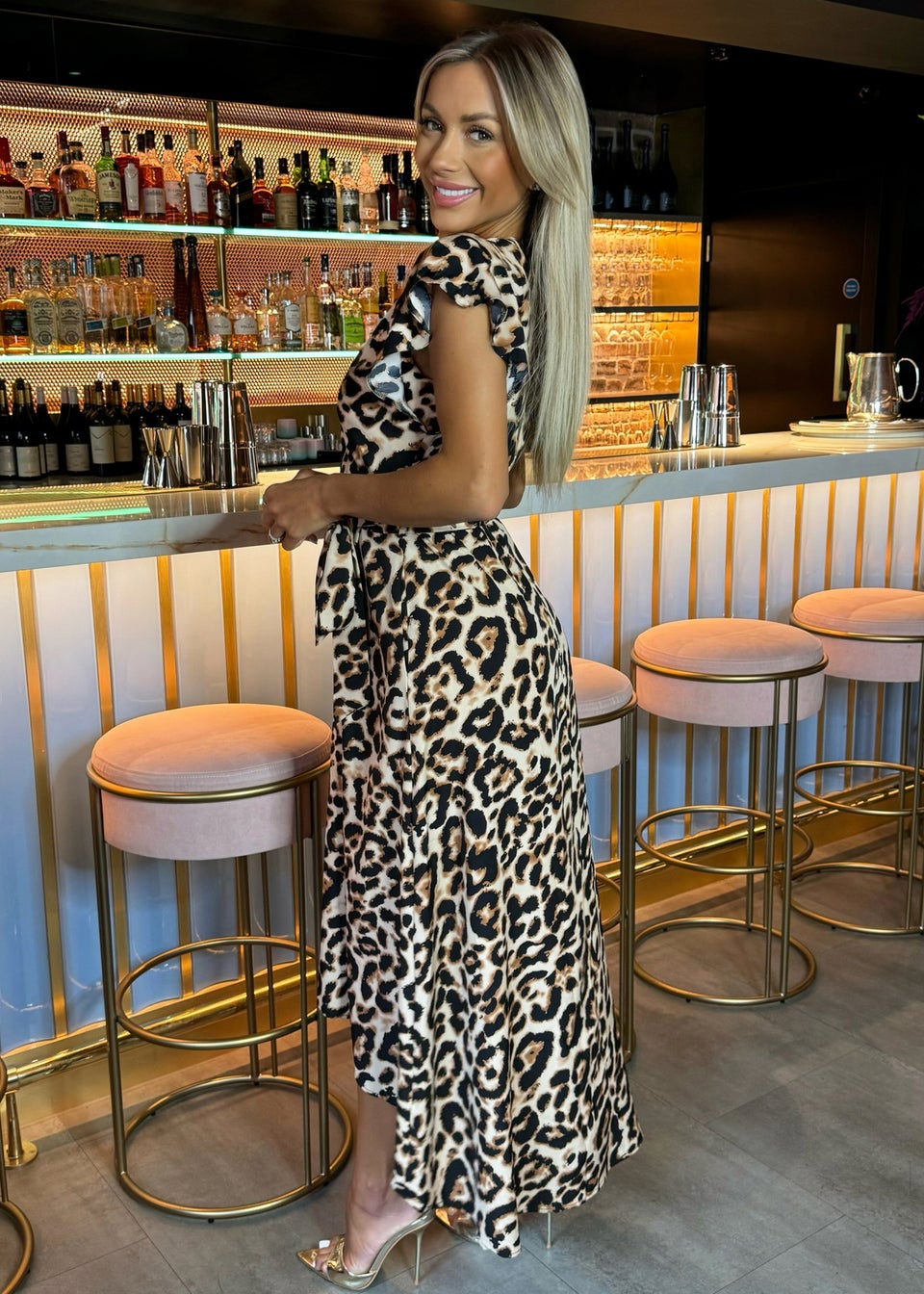 AX Paris Brown Leopard Print Short Sleeve Belted Wrap Midi Dress