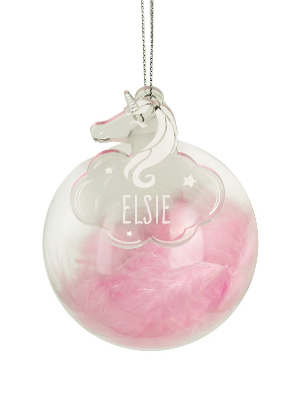 Personalised Memento Company Pink Feather Glass Bauble With Unicorn Tag