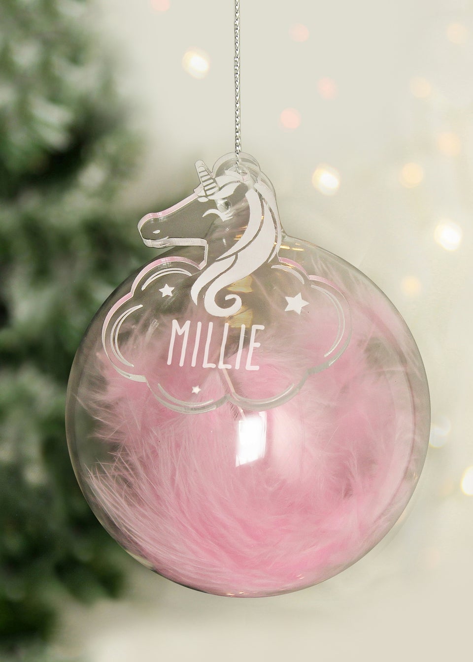 Personalised Memento Company Pink Feather Glass Bauble With Unicorn Tag