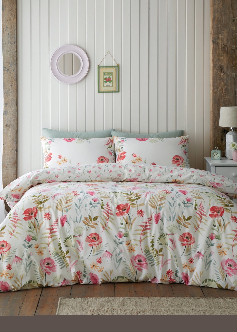 Catherine Lansfield Ella Poppy Reversible Double Duvet Cover Set Cream