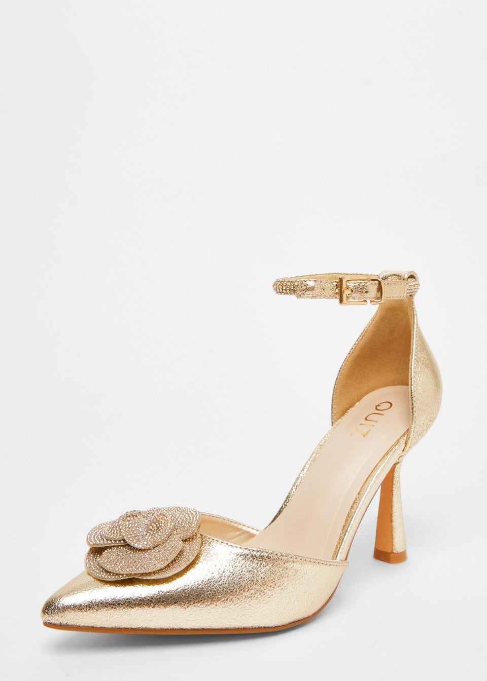 Quiz Gold Foil Diamante Corsage Court Heels Matalan