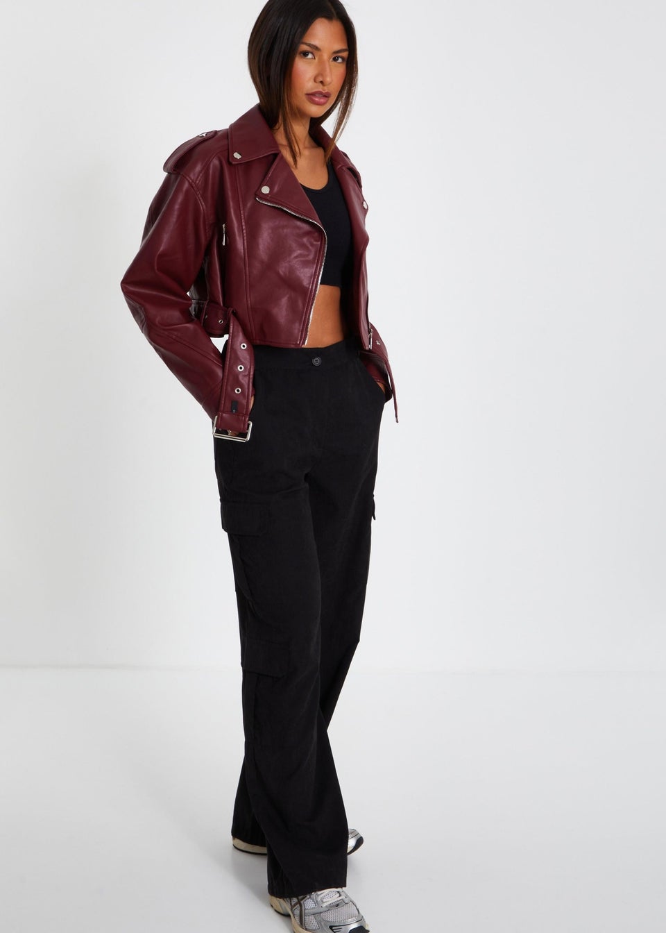 Quiz Burgundy Faux Leather Oversized Biker Jacket Matalan