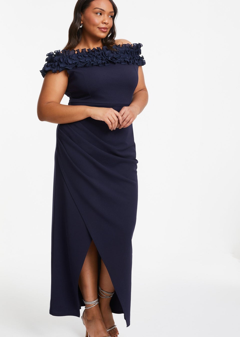 Quiz Blue Curve Ruffle Bardot Maxi Dress Matalan