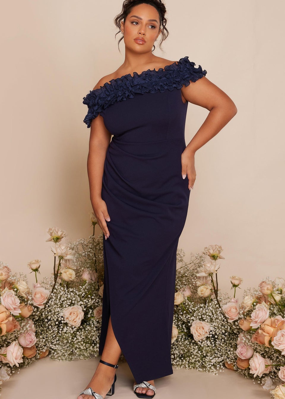 Quiz Blue Curve Ruffle Bardot Maxi Dress Matalan