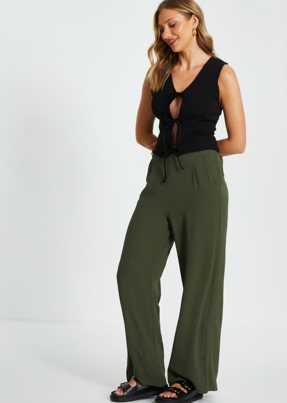 Quiz Khaki High Waisted Wide Leg Trousers