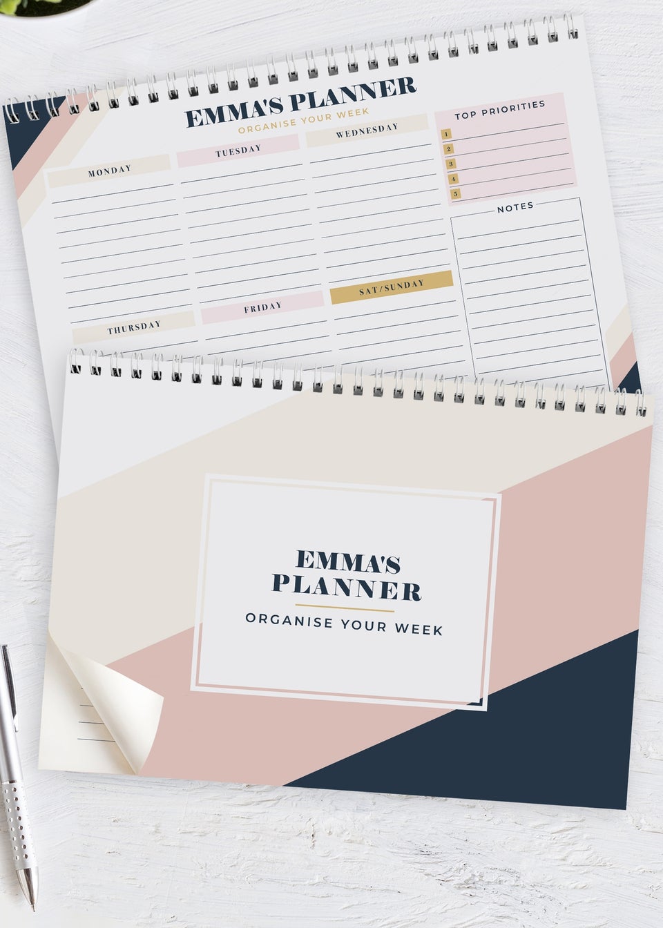 Personalised Memento Company White Free Text Navy & Blush A4 Desk Planner