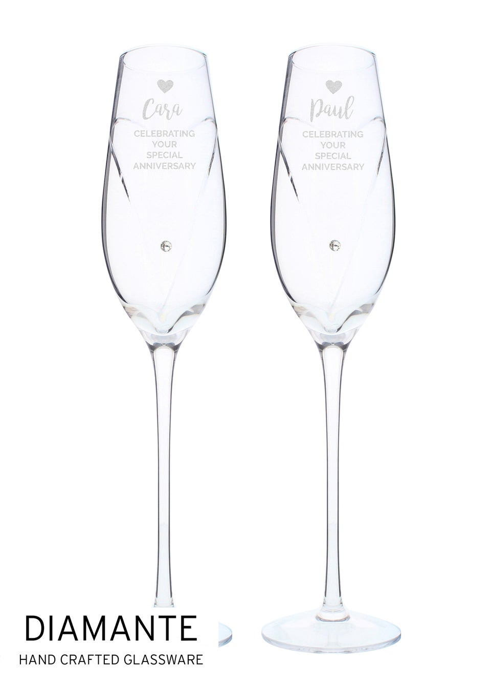 Personalised Memento Company Clear Hand Cut Heart Celebration Pair of Flutes with Gift Box