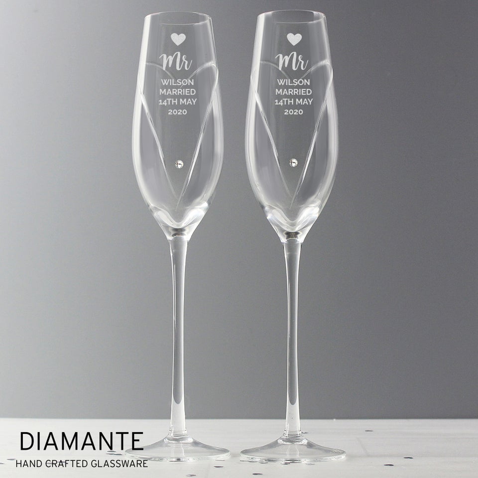 Personalised Memento Company Clear Hand Cut Heart Celebration Pair of Flutes with Gift Box