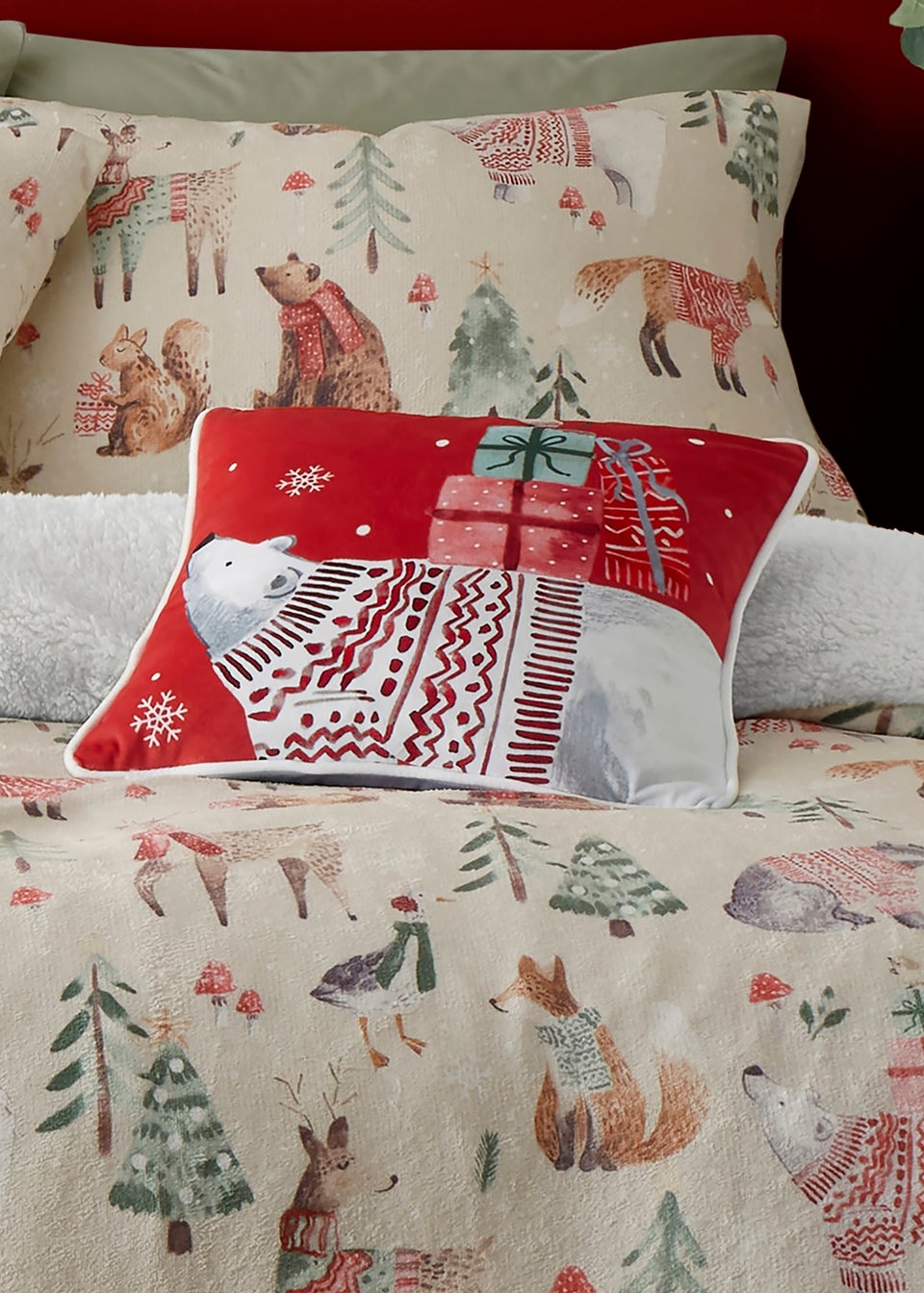 Fusion Christmas Woodland Animals Red Velvet Filled Cushion (43cm x 43cm)