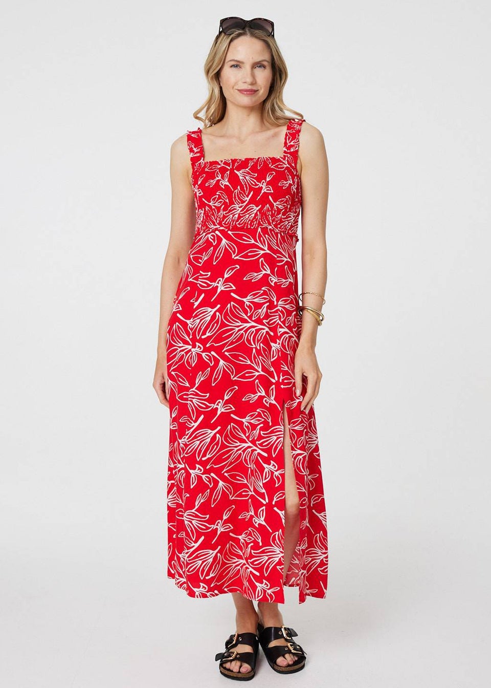 Izabel London Red Floral Square Neck Midi Sun Dress