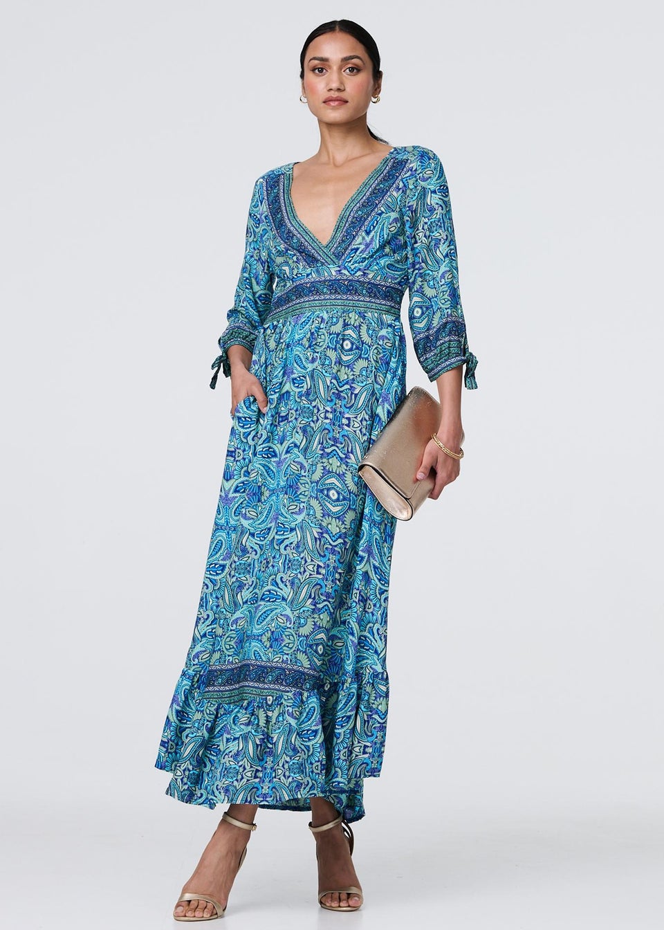 Izabel London Blue Paisley Tie Sleeve Maxi Dress