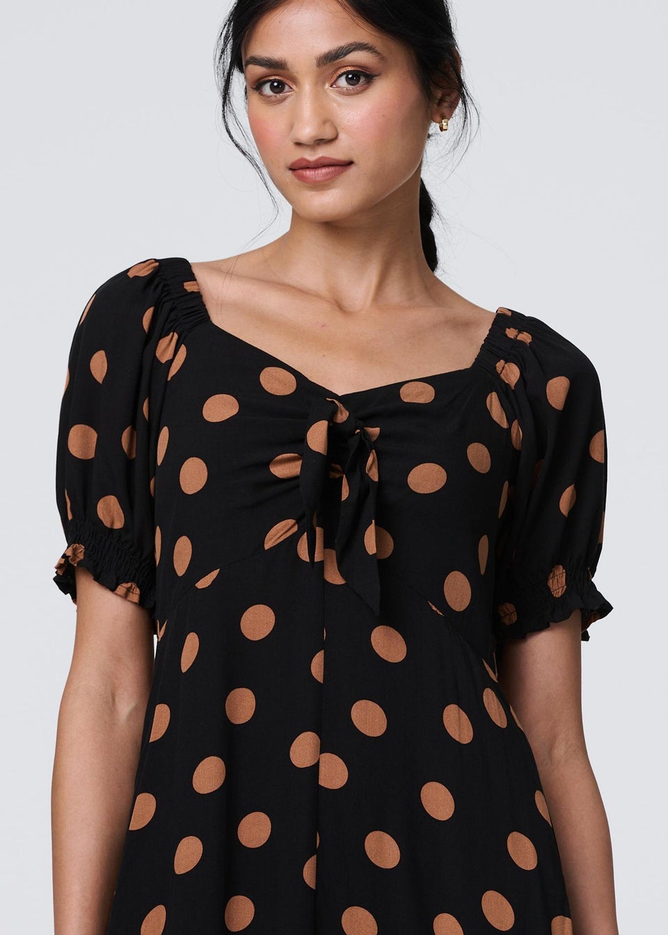 Izabel London Black Polka Dot Puff Sleeve Midi Dress - Matalan