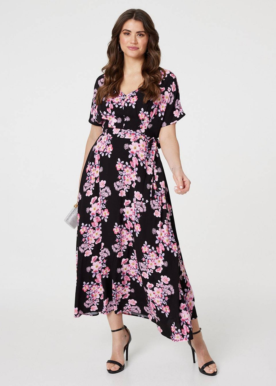 Izabel London Pink Floral V-Neck Maxi Dress with Belt