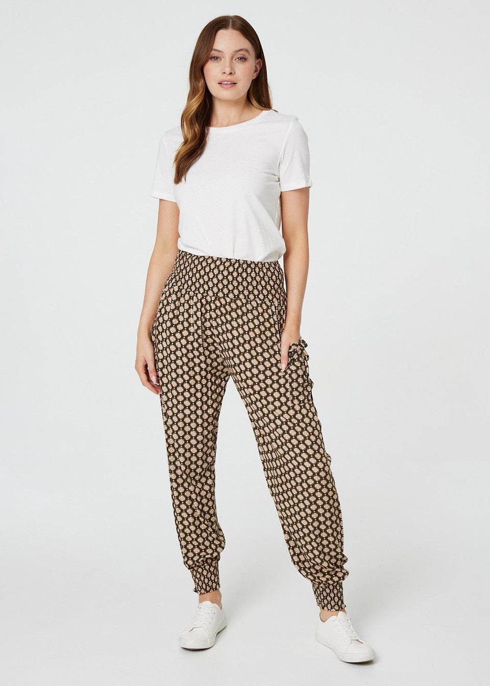 Izabel London Khaki Mosaic Print High Waist Harem Trousers