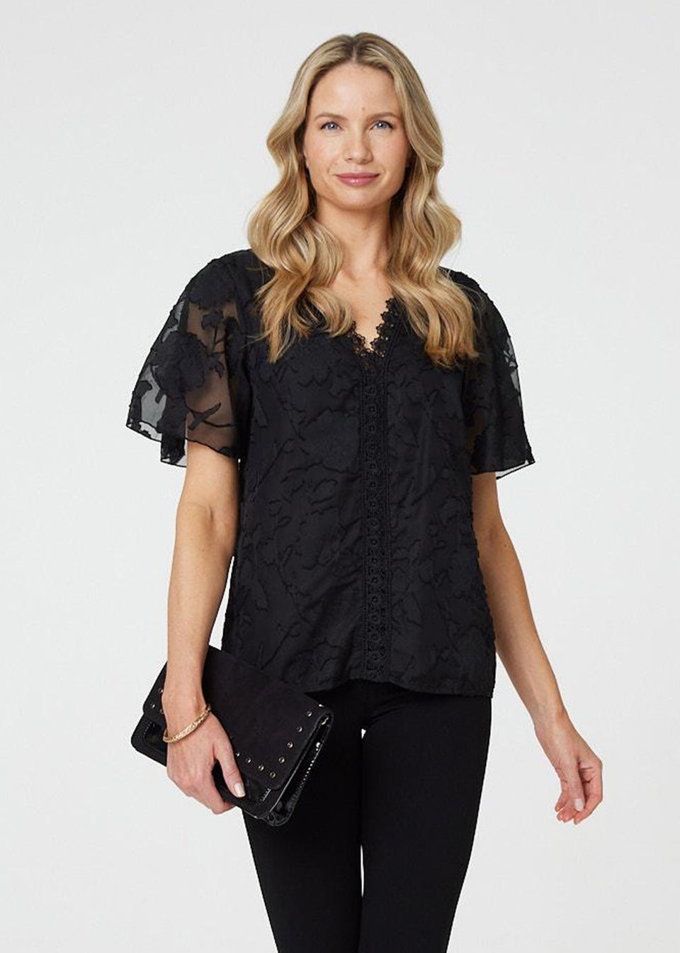 Izabel London Black Floral Lace Detail Flared Sleeve Blouse