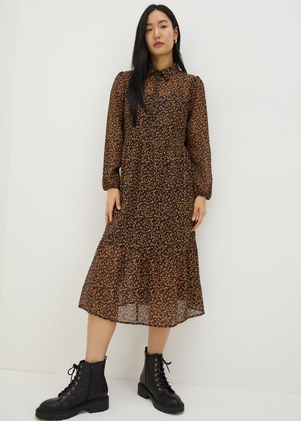 Brown Animal Mesh Shirt Midi Dress