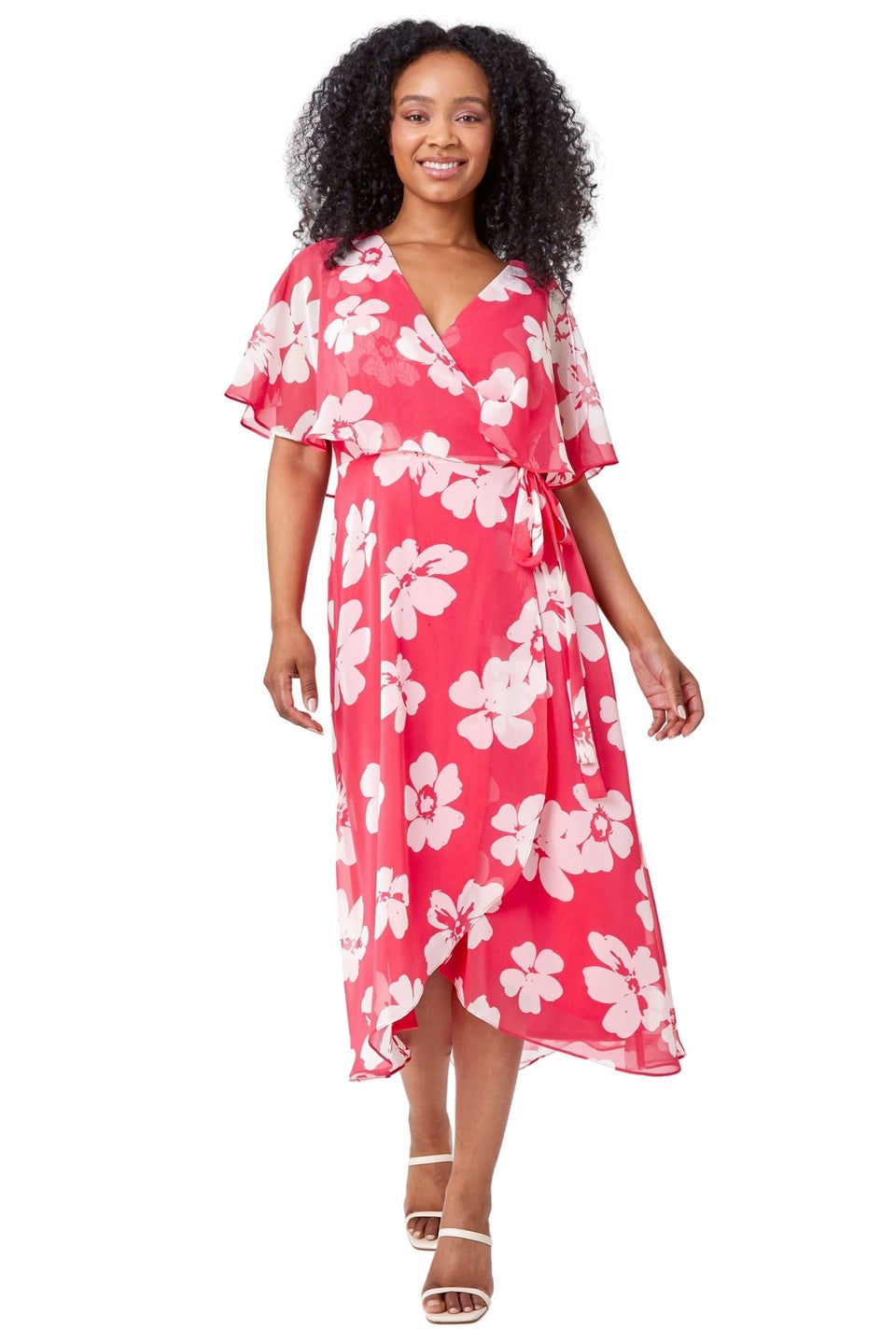 Roman Coral Petite Floral Print Chiffon Cape Dress