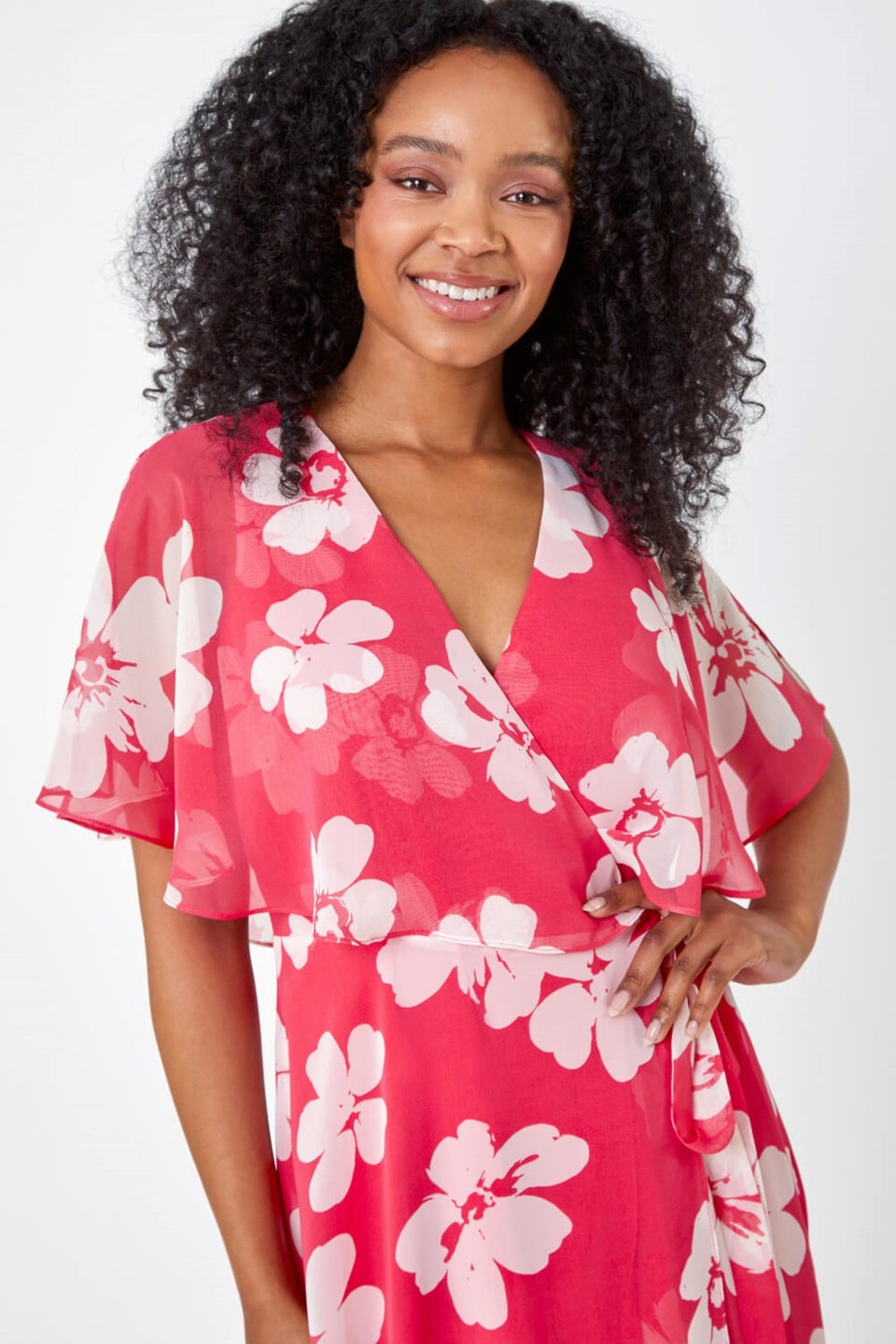 Roman Coral Petite Floral Print Chiffon Cape Dress