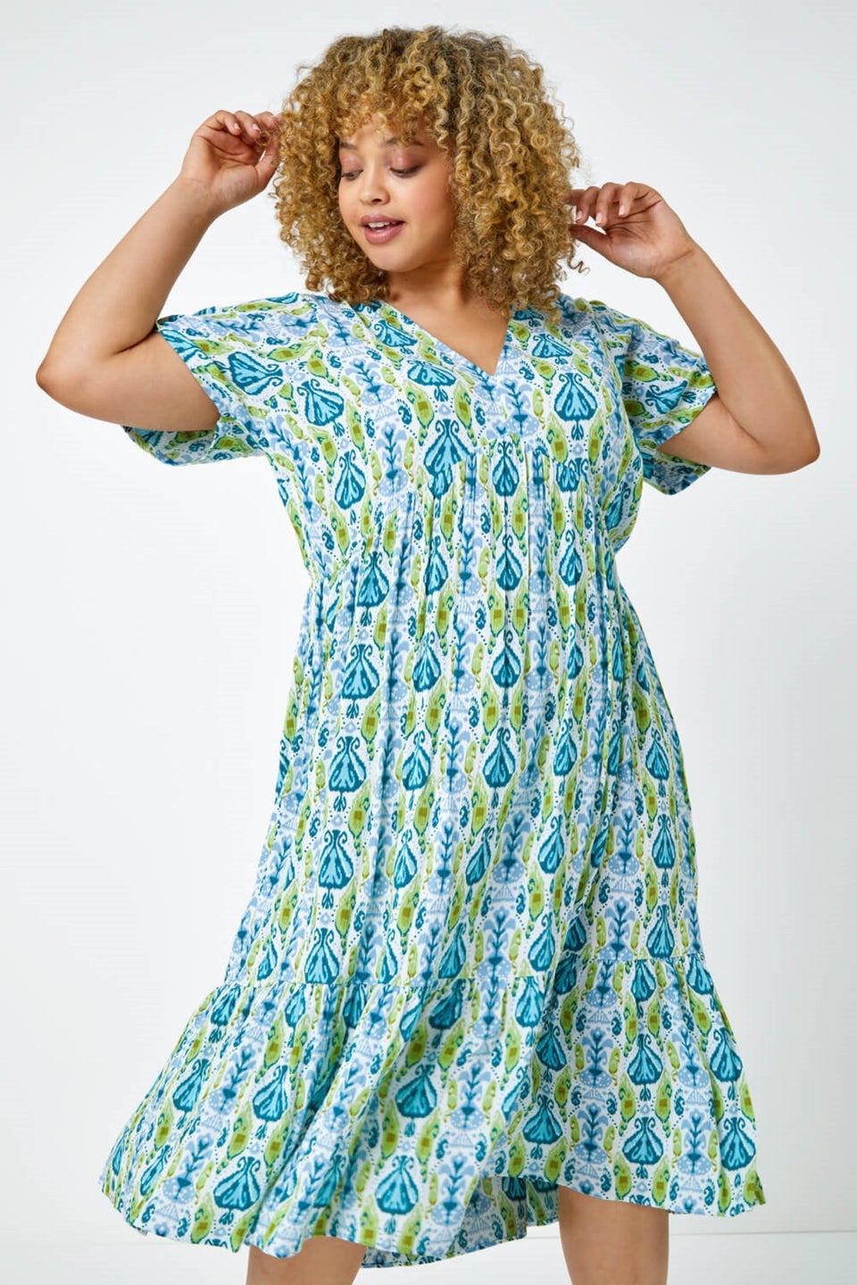 Roman Lime Curve Abstract Tiered Midi Dress