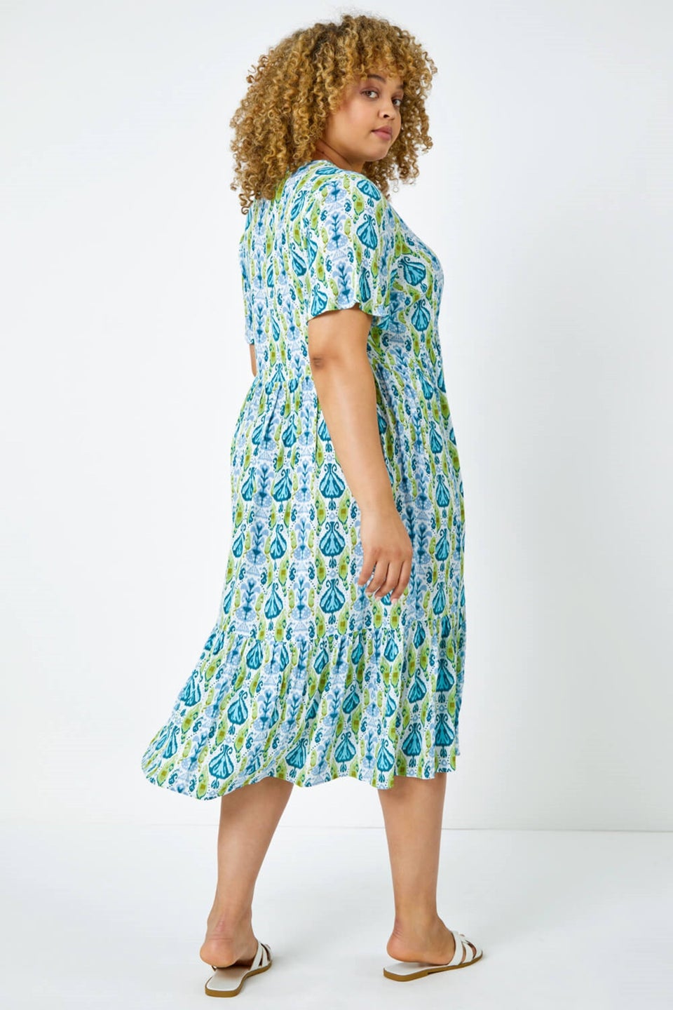 Roman Lime Curve Abstract Tiered Midi Dress