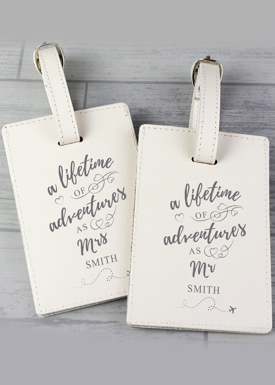 Personalised Memento Company Cream Lifetime of Adventures Couples Luggage Tags Matalan