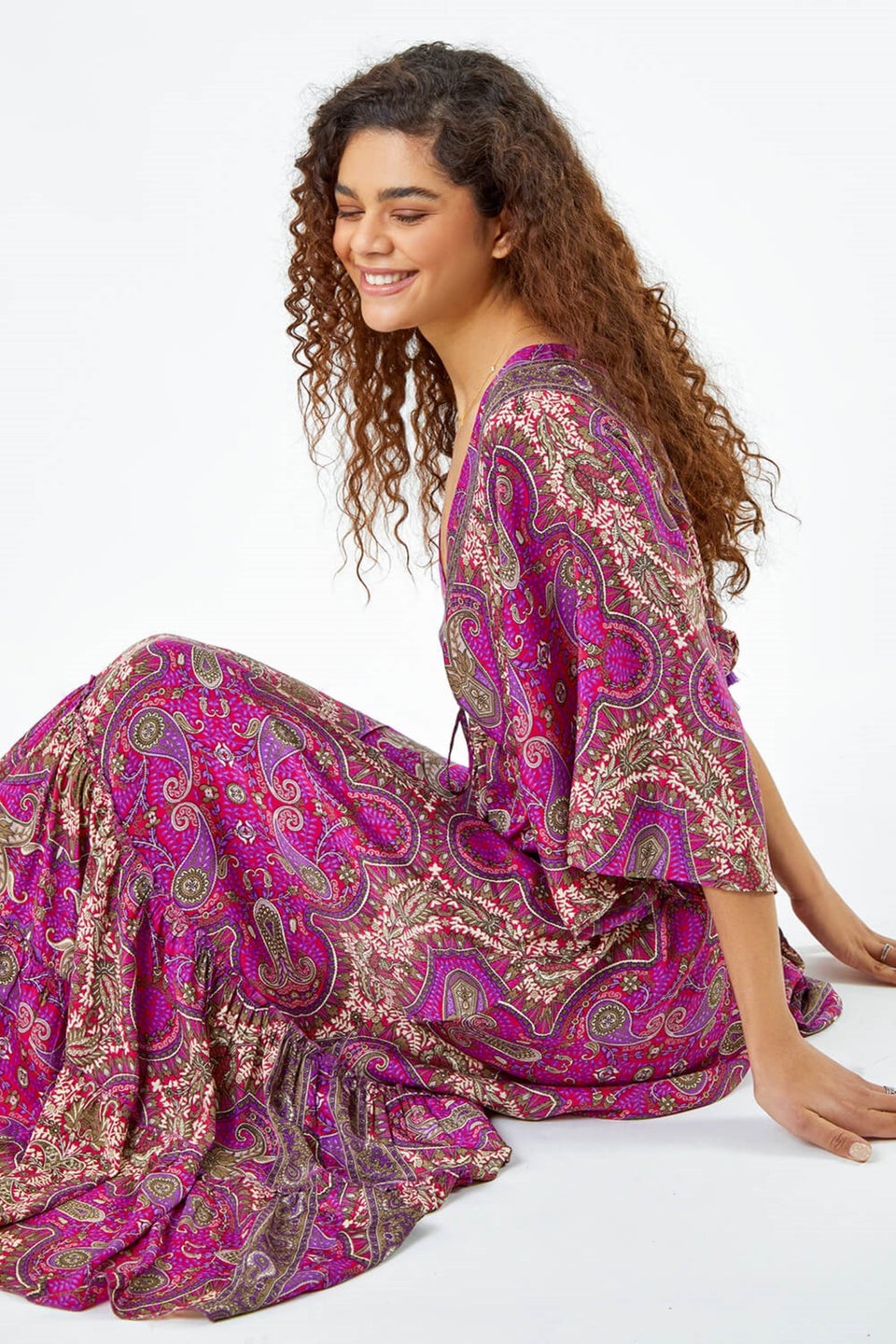 Roman Fuchsia Paisley Print Boho Maxi Dress