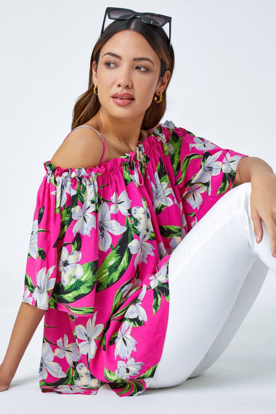 Roman Fuchsia Tropical Cold Shoulder Bardot Top