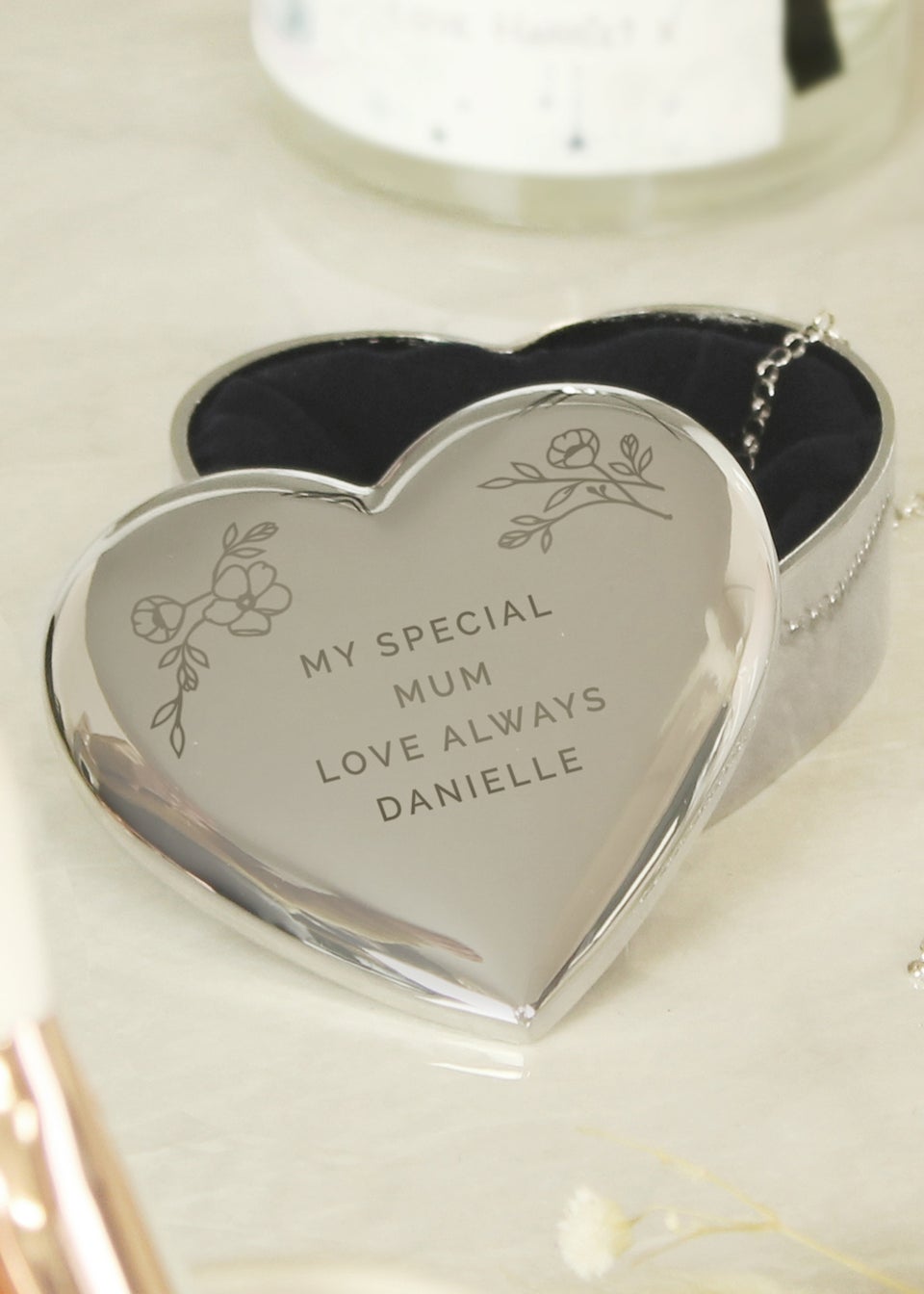 Personalised Memento Company Silver Floral Free Text Heart Trinket Box