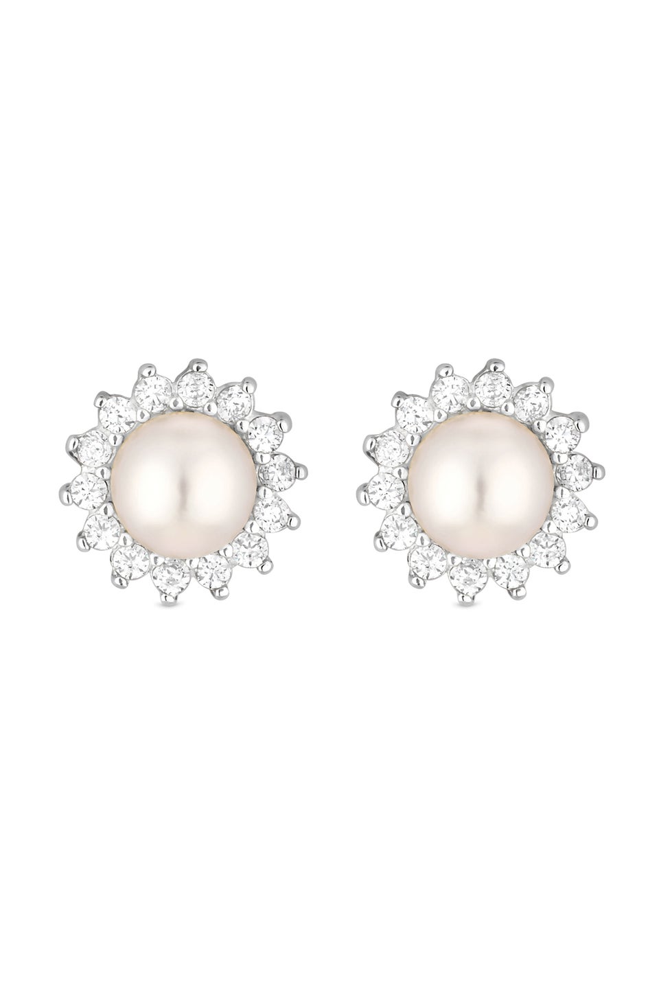 Simply Silver Sterling Silver 925 Freshwater Pearl And Cubic Zirconia Halo Stud Earrings