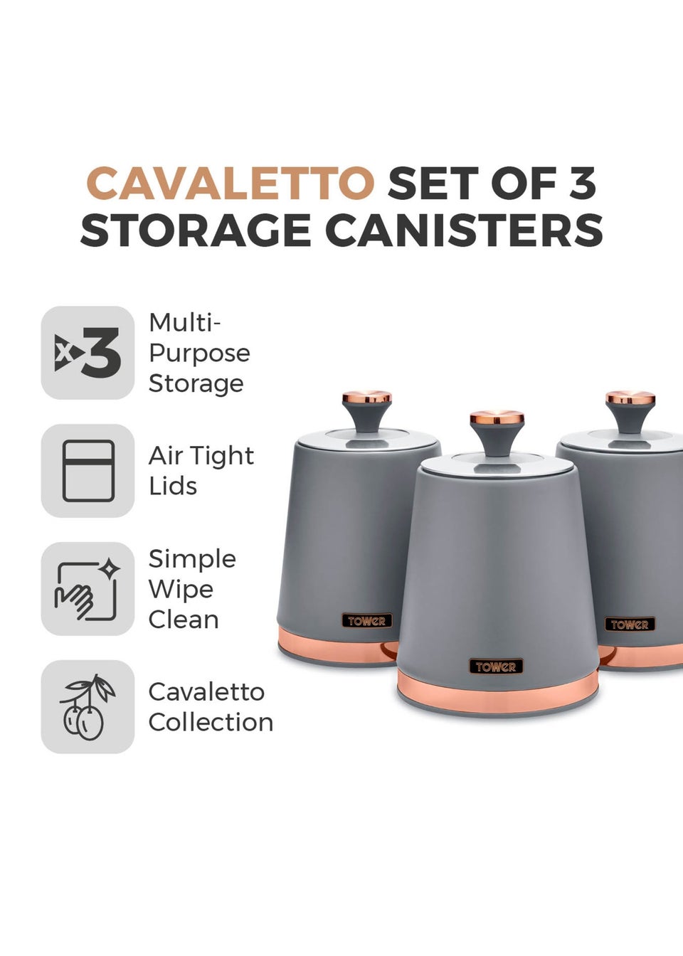 Tower Cavaletto Grey Canisters Set Of 3