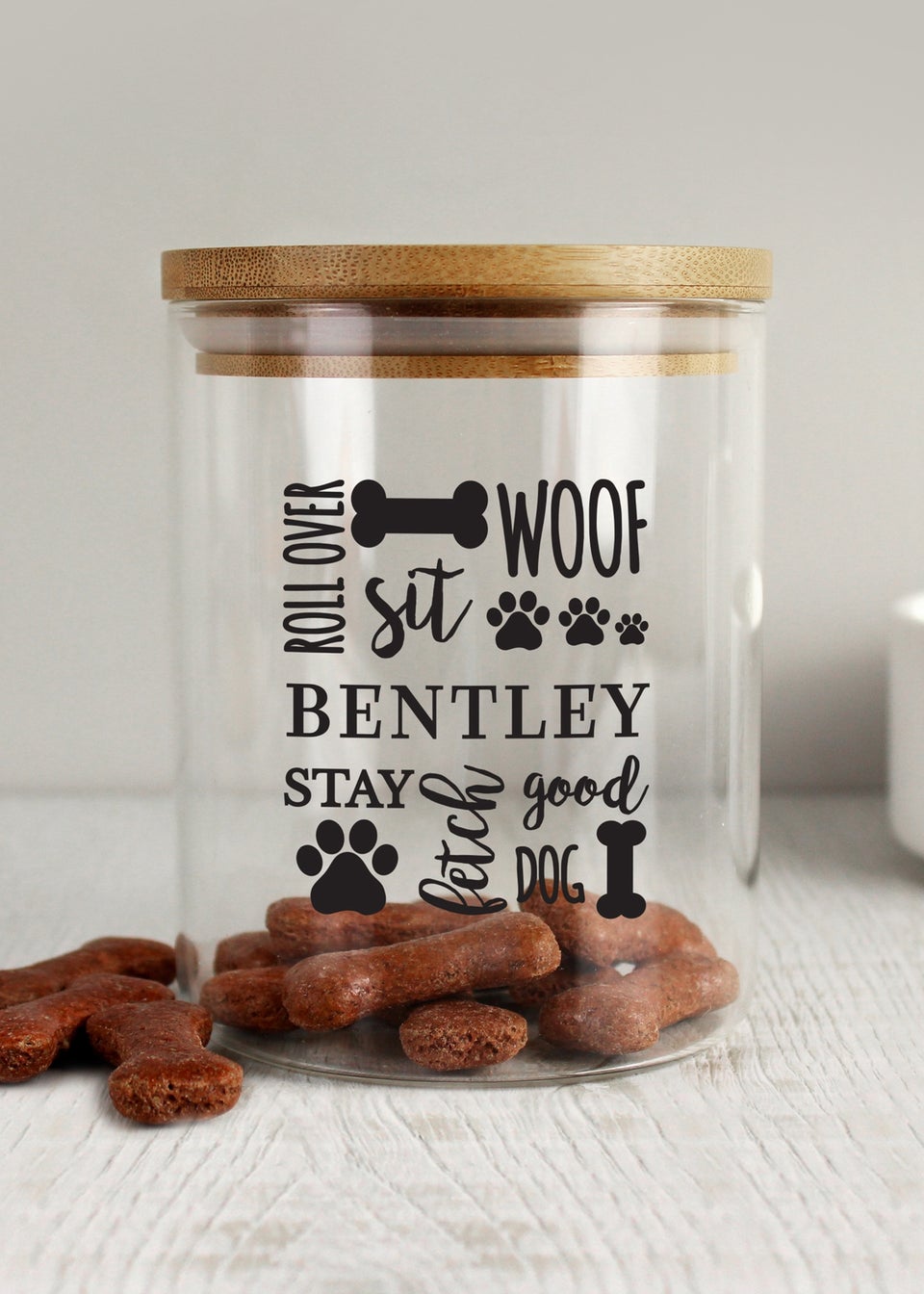 Personalised Memento Company Clear Glass Dog Treat Jar with Bamboo Lid