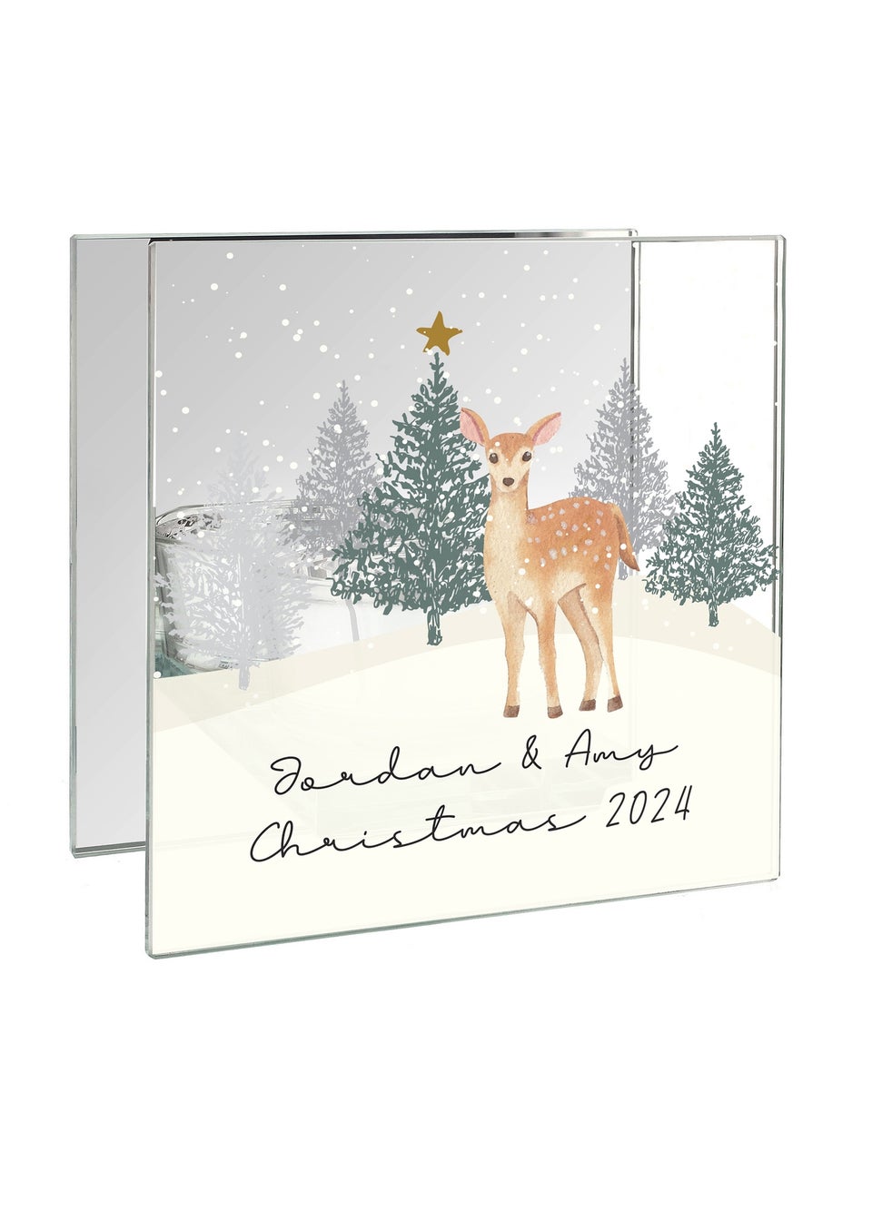 Personalised Memento Company Clear Christmas Deer Glass Tea Light Candle Holder