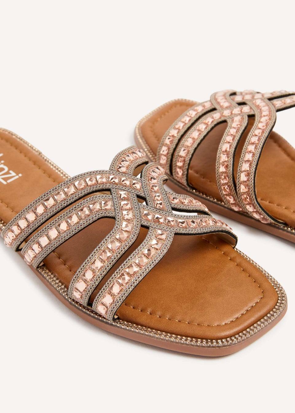 Linzi Alondra Rose Gold Diamante Embellished Flat Slider Sandals