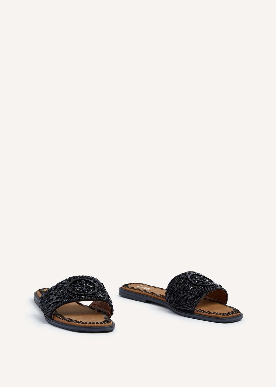 Linzi Aloha Black Beaded Flat Slider Sandal