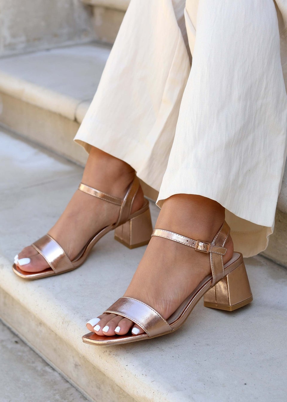 Linzi Darcie Rose Gold Faux Leather Low Chunky Block Heeled Sandal Matalan
