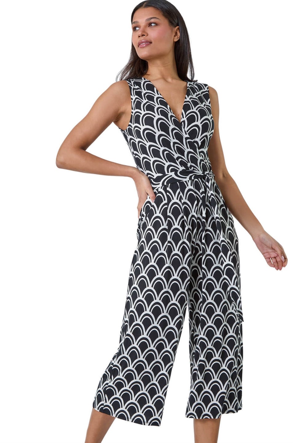 Roman Black Sleeveless Shell Print Stretch Jumpsuit