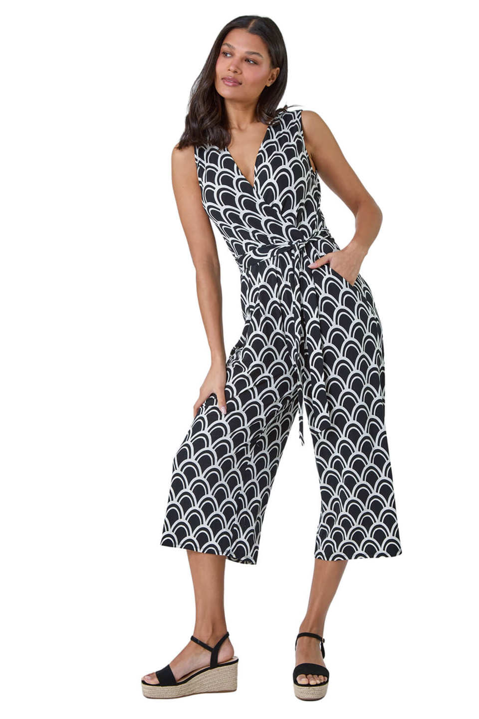Roman Black Sleeveless Shell Print Stretch Jumpsuit