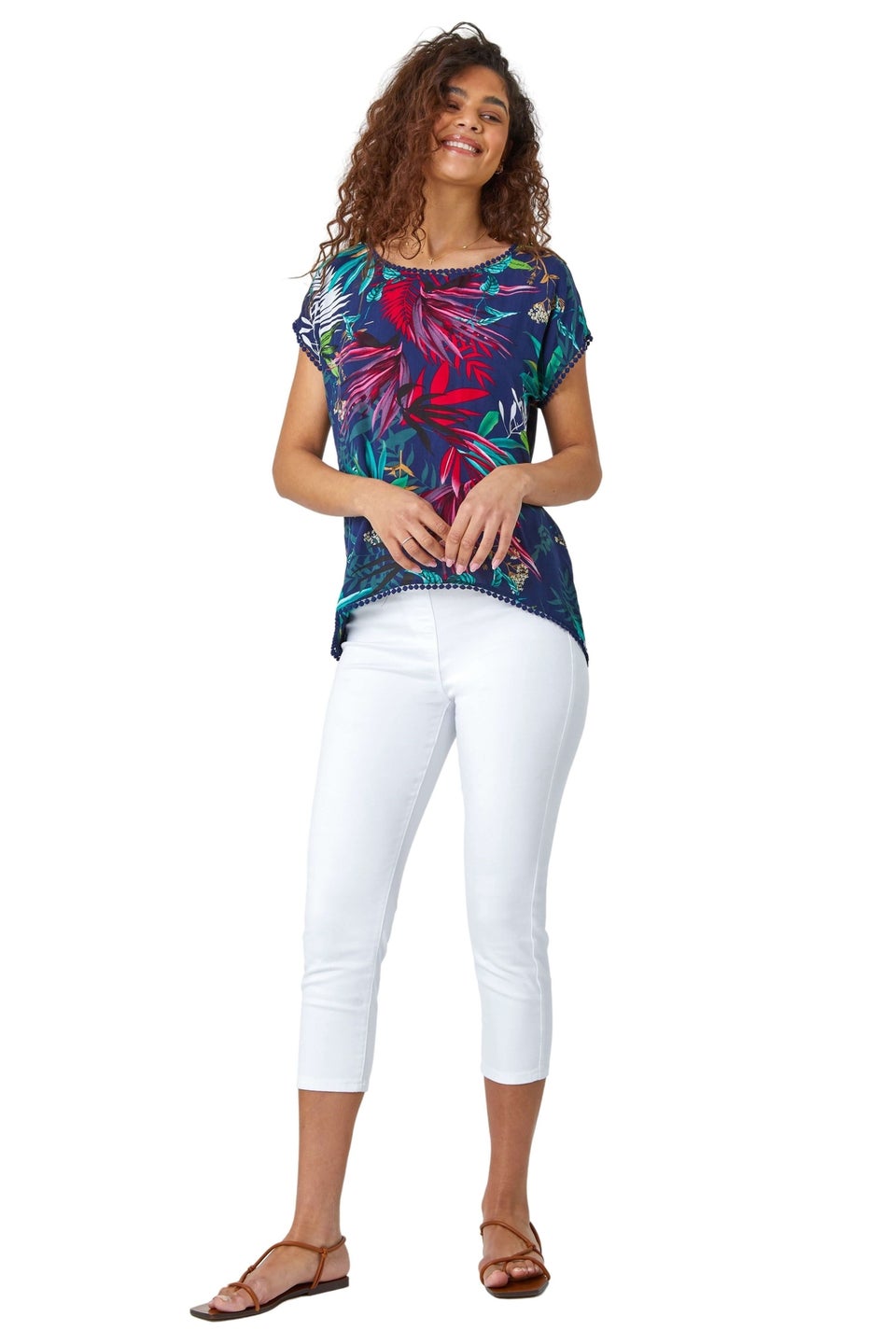 Roman Navy  Tropical Print Bobble Trim T-Shirt