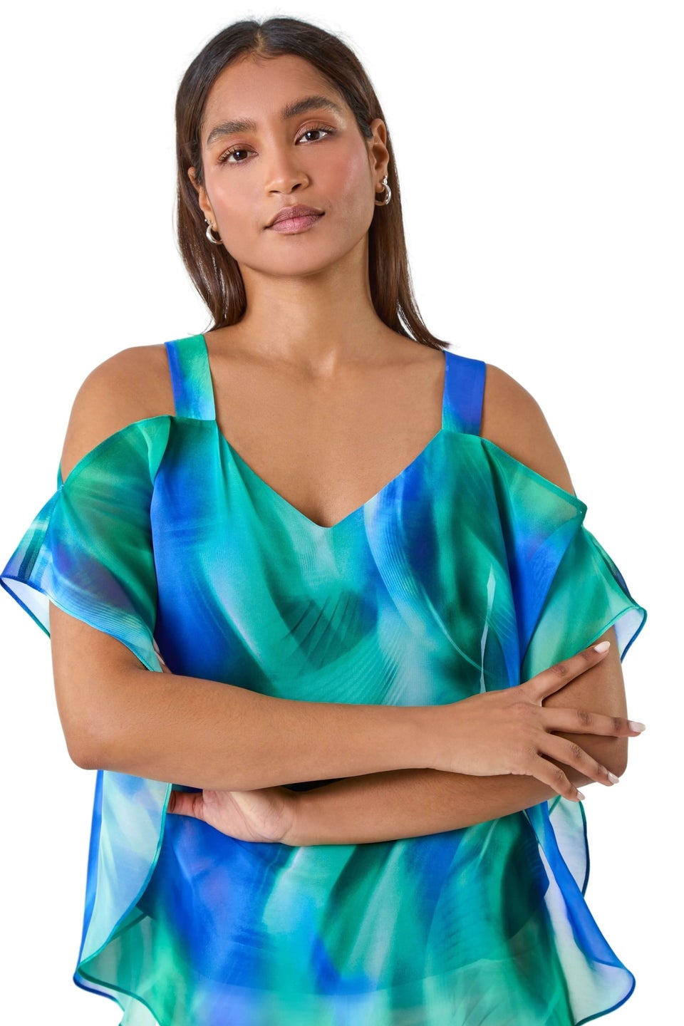 Roman Blue Abstract Print Cold Shoulder Overlay Top